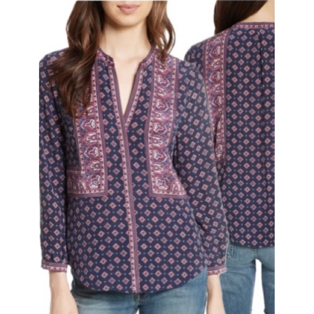 Joie 100% Silk Patterned Button Down Blouse Size Small Aisa Moroccan Collarless